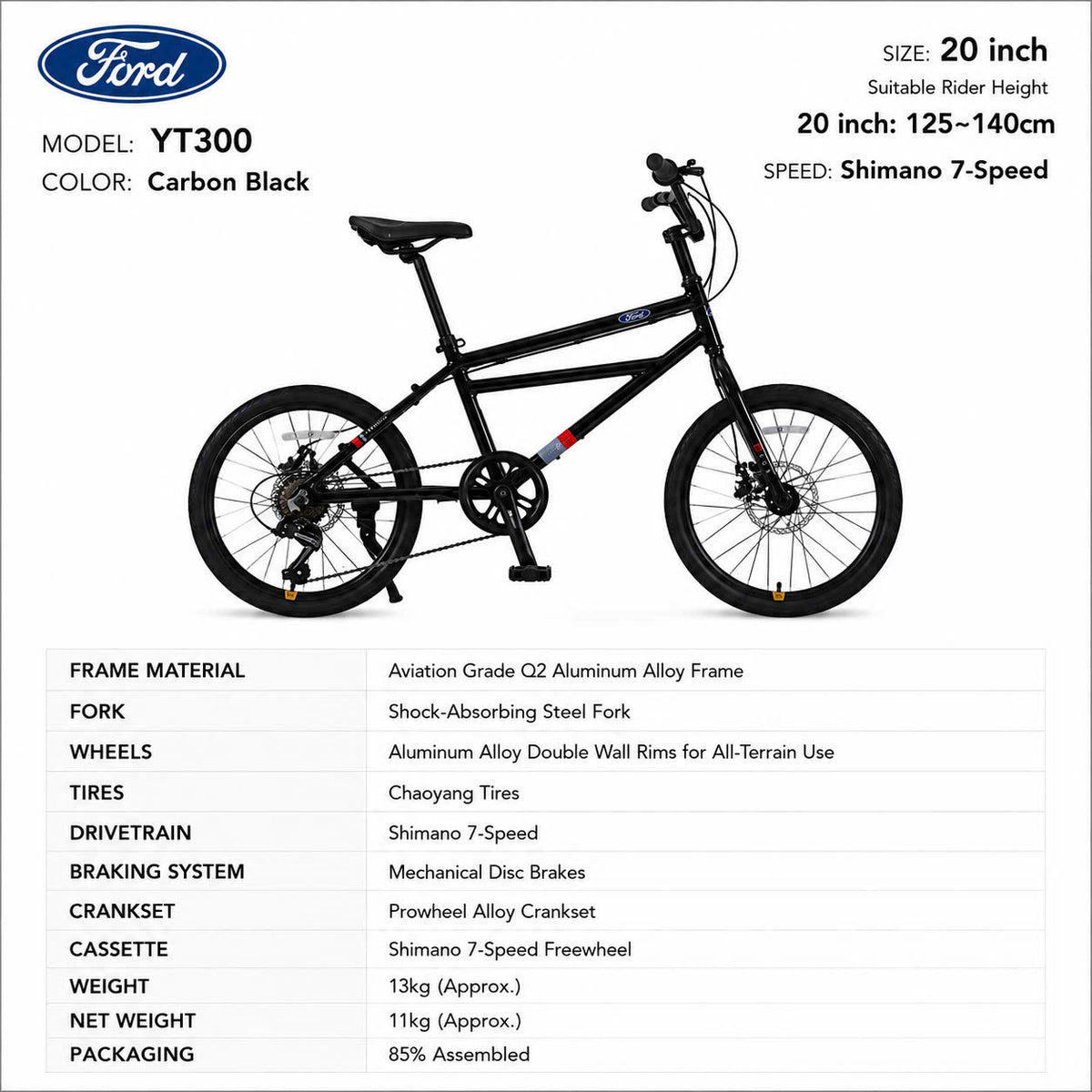 Ford YT300 Mini Velo Urban Bike Carbon Black – Shimano 7-Speed, 20 inch