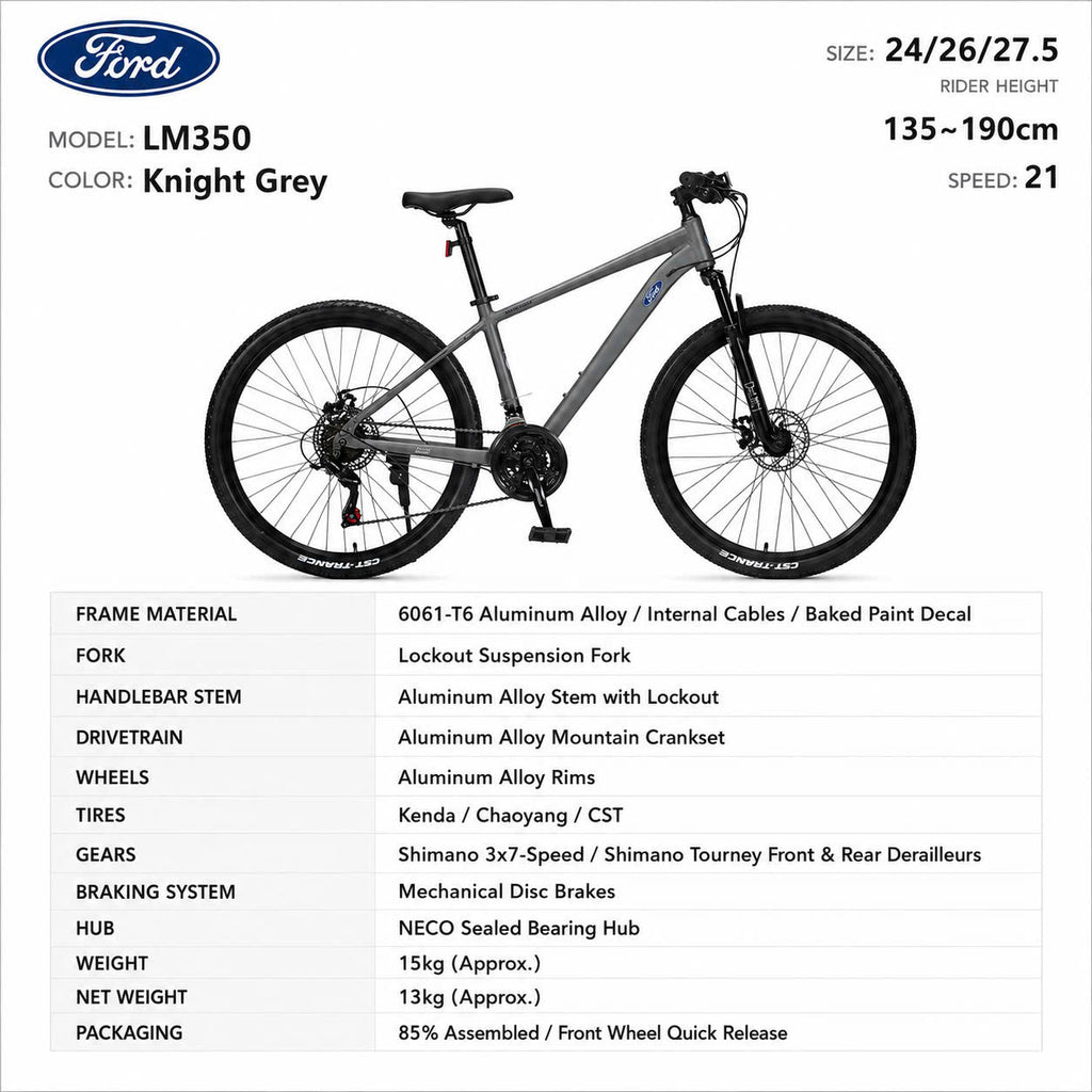 Ford LM350 Mountain Bike – 21-Speed Aluminum, Sizes 24/26/27.5"