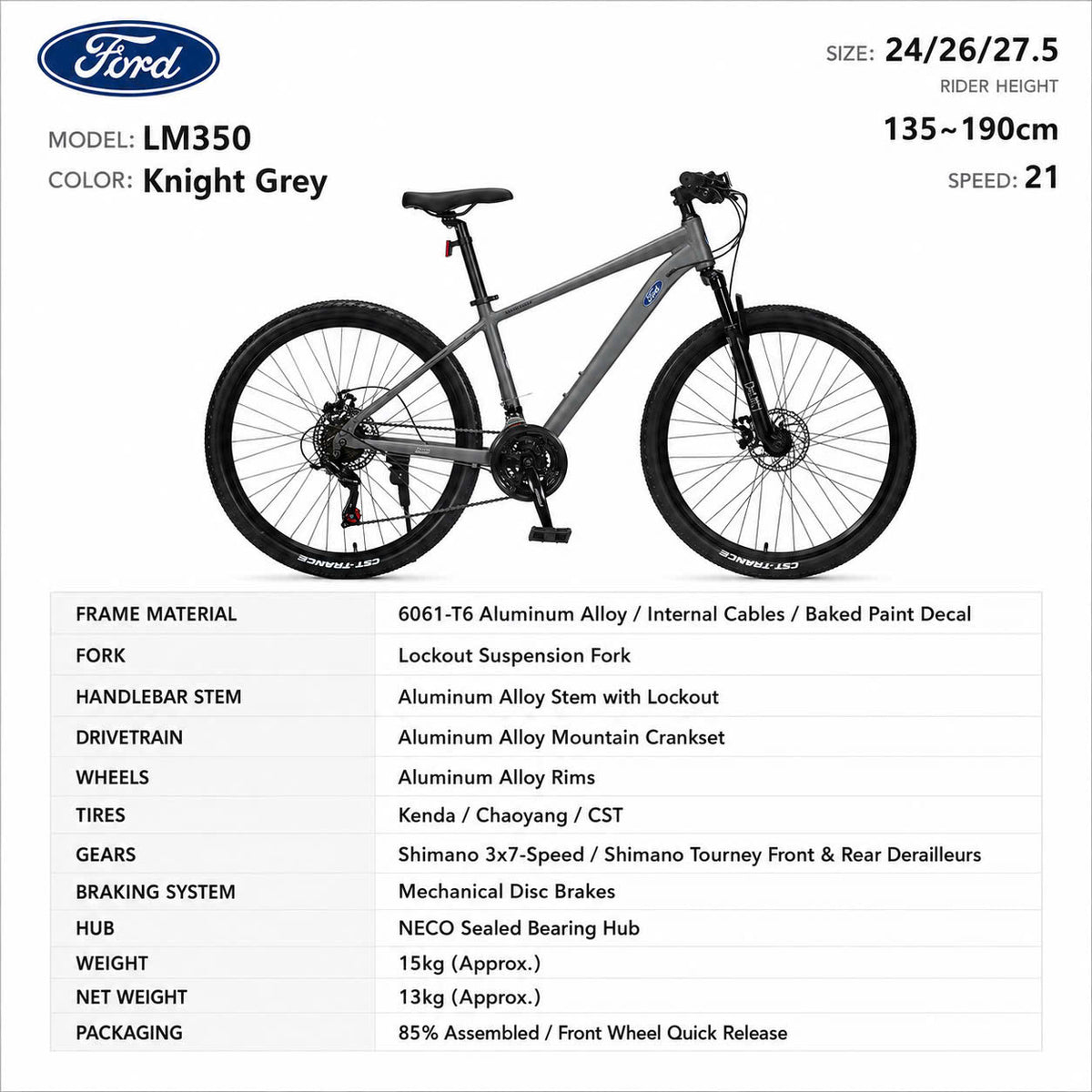 Ford LM350 Mountain Bike – 21-Speed Aluminum, Sizes 24/26/27.5"