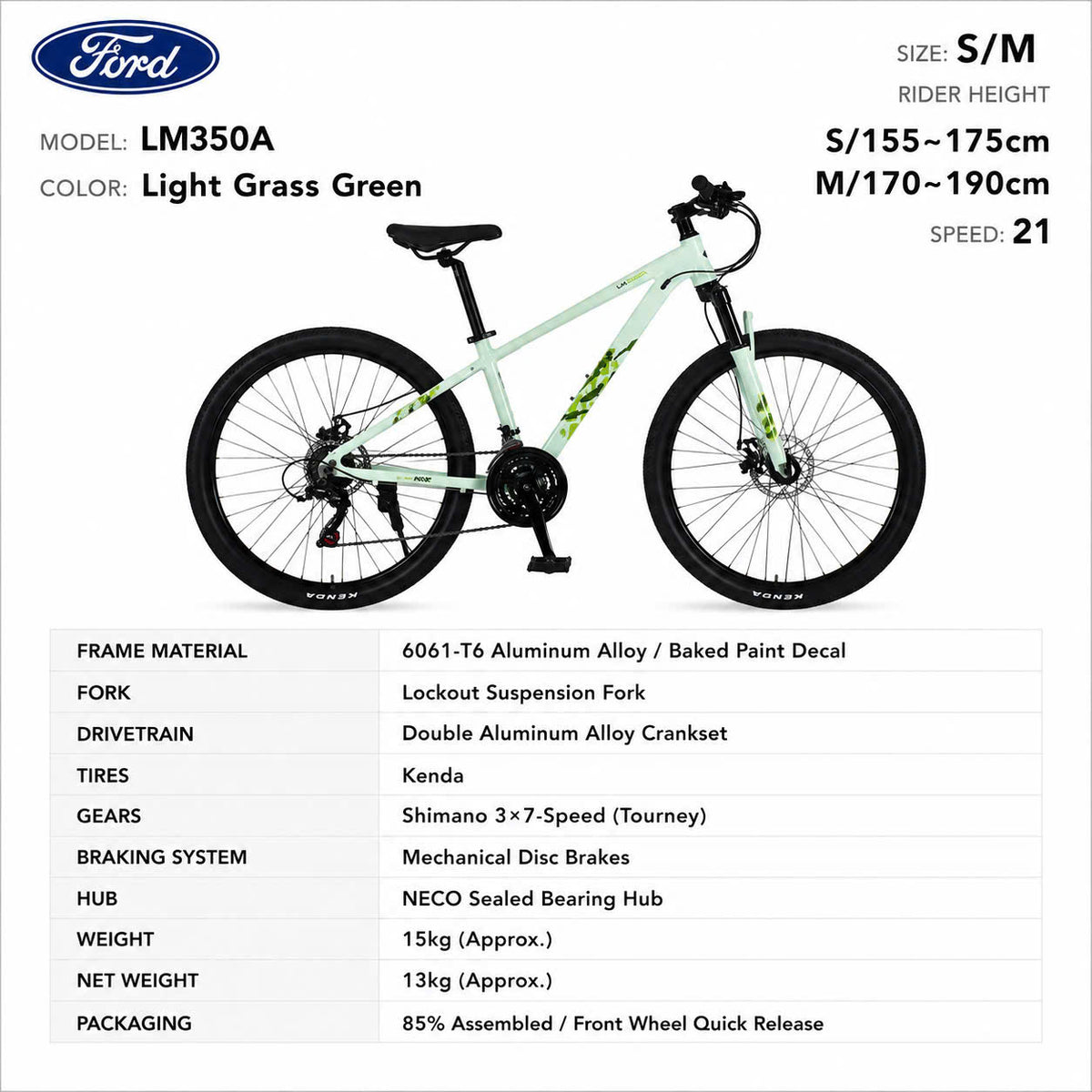 Ford LM350A Mountain Bike – 21-Speed Shimano, Sizes S/M