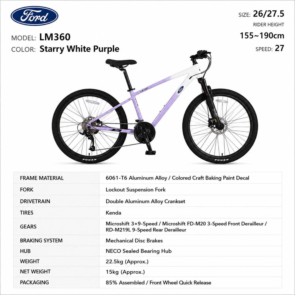 Ford LM360 Mountain Bike Starry White Purple – 27-Speed, Sizes 26/27.5"