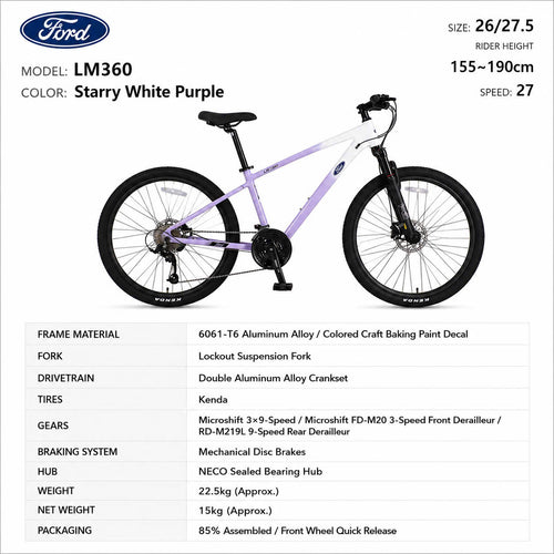 Ford LM360 Mountain Bike Starry White Purple – 27-Speed, Sizes 26/27.5"