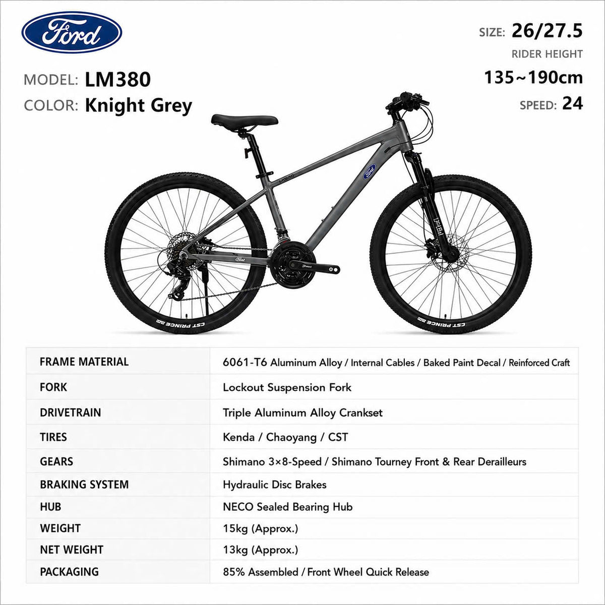 Ford LM380 Mountain Bike Knight Grey – 24-Speed Hydraulic, Sizes 26/27.5"