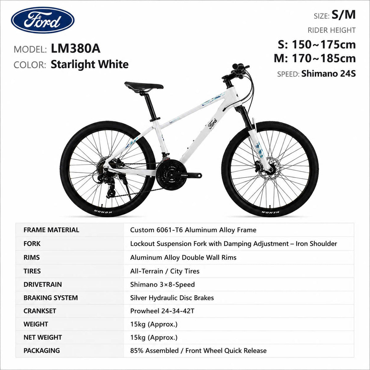 Ford LM380A Women's Mountain Bike Starlight White – Shimano 24-Speed, Size S/M