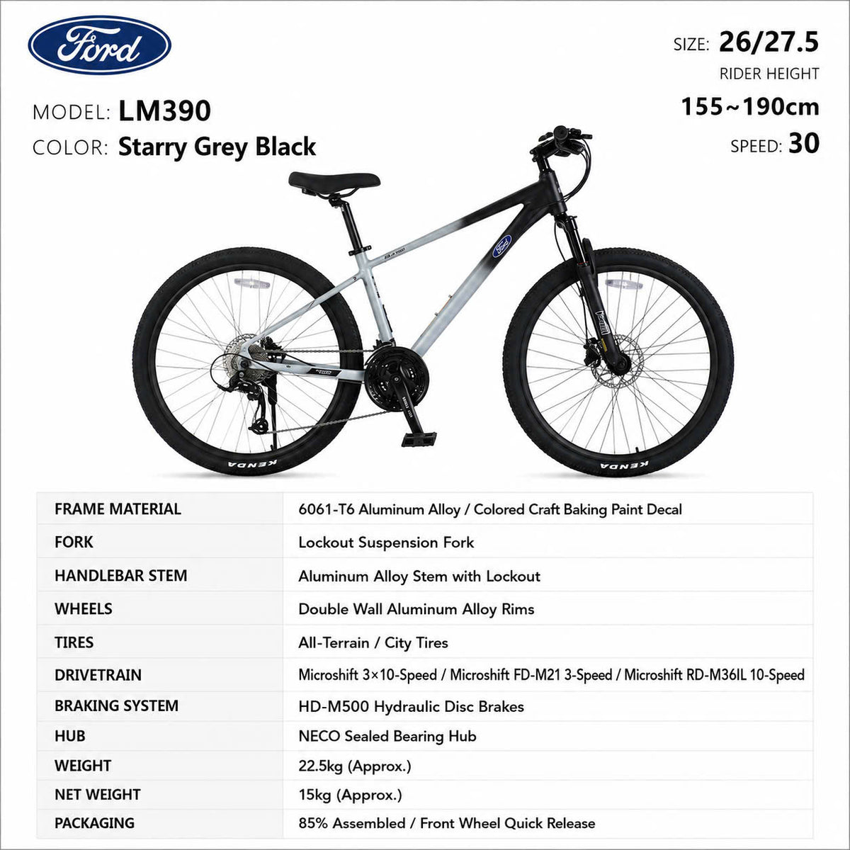 Ford LM390 Mountain Bike Starry Grey Black – 30-Speed Hydraulic, Sizes 26/27.5"