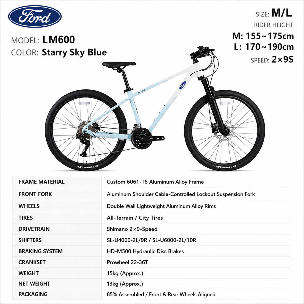 Ford LM600 Mountain Bike Starry Sky Blue – Shimano 18-Speed, Size M/L