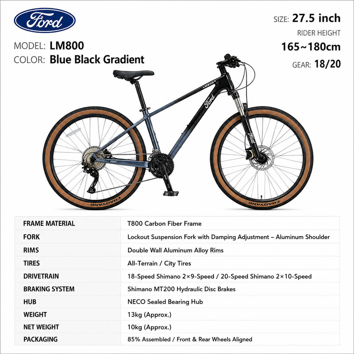 Ford LM800 Carbon Fiber Mountain Bike Blue Black Gradient – Shimano MT200, 27.5"