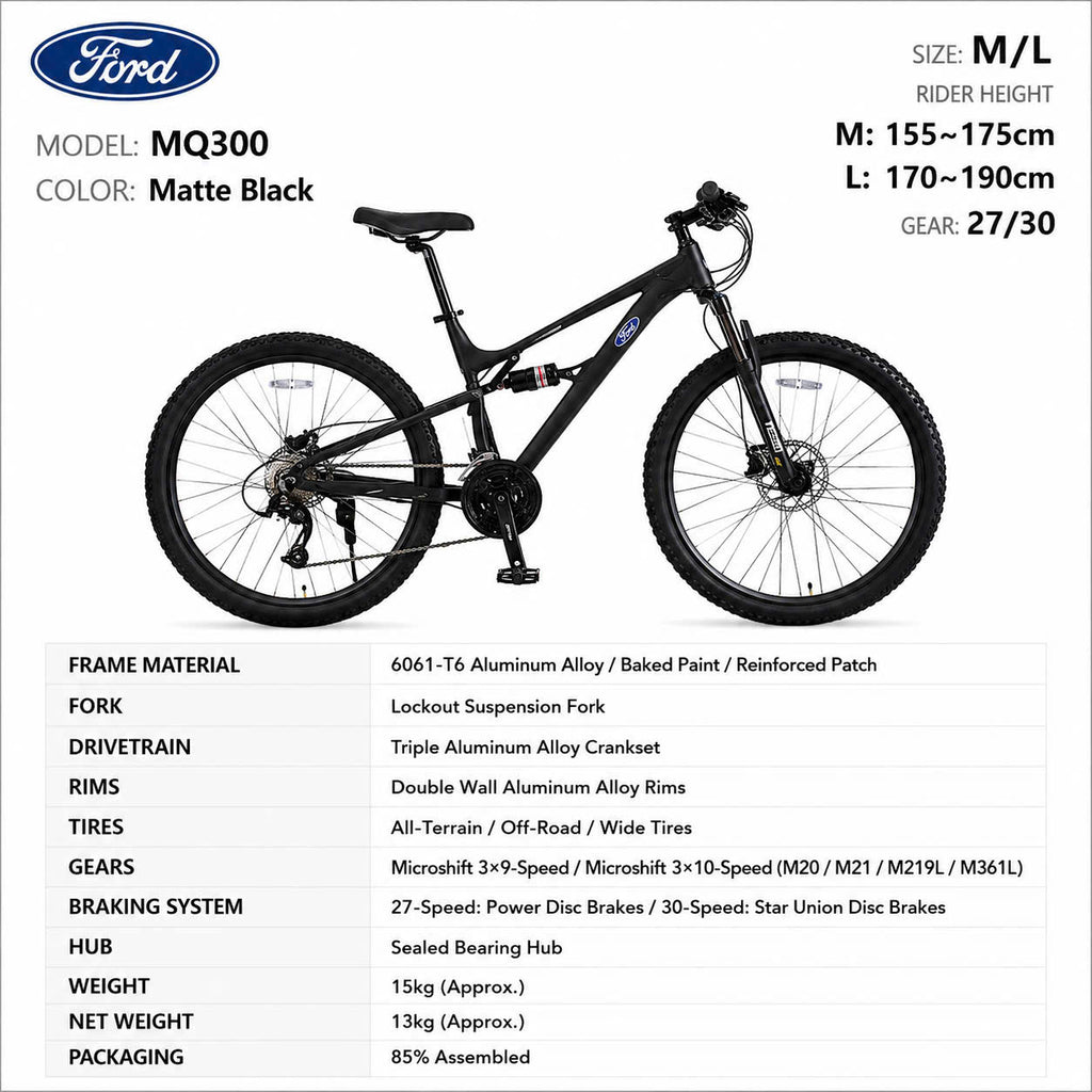Ford MQ300 Full-Suspension Mountain Bike Matte Black – 27/30-Speed, Size M/L