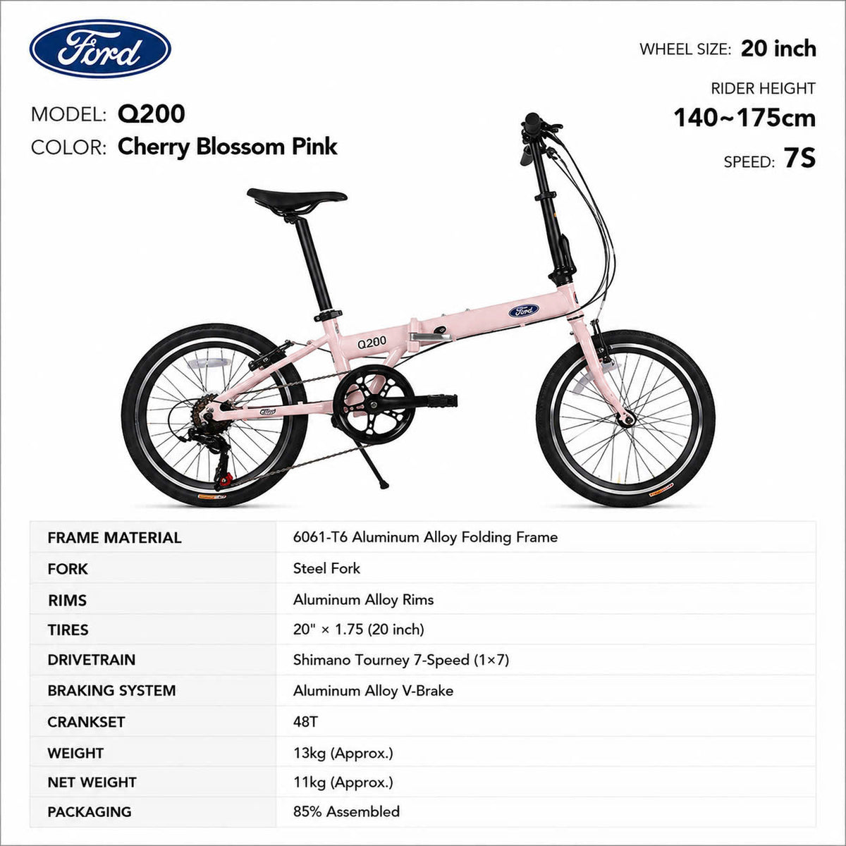 Ford Q200 Folding Bike Cherry Blossom Pink – Shimano 7-Speed, 20 inch