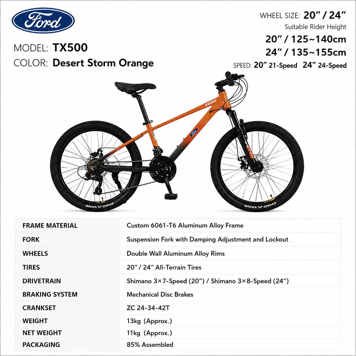 Ford TX500 Kids Mountain Bike Desert Storm Orange – Shimano 21/24-Speed, 20"/24" Wheels
