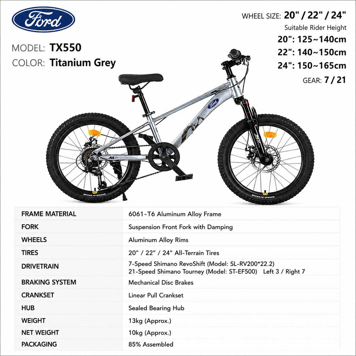 Ford TX550 Kids Mountain Bike Titanium Grey – Shimano 7/21-Speed, 20"/22"/24" Wheels