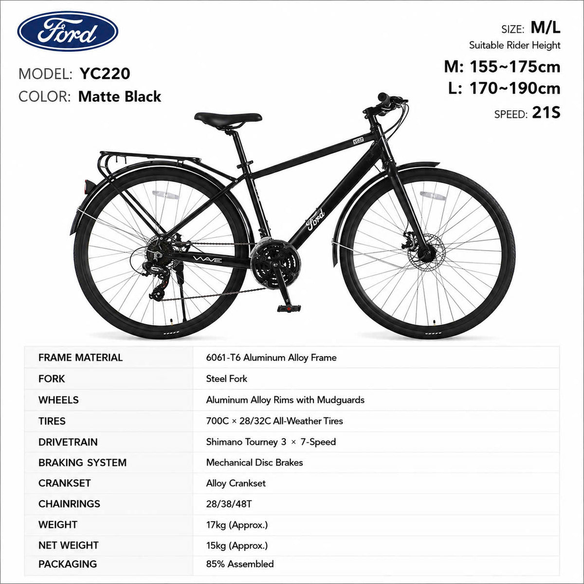 Ford YC220 Urban Touring Bike Matte Black – Shimano 21-Speed, 700C, Size M/L