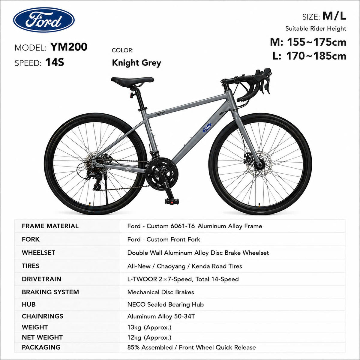 Ford YM200 Road Bike Knight Grey – 14-Speed L-TWOOR, Disc Brakes, Size M/L