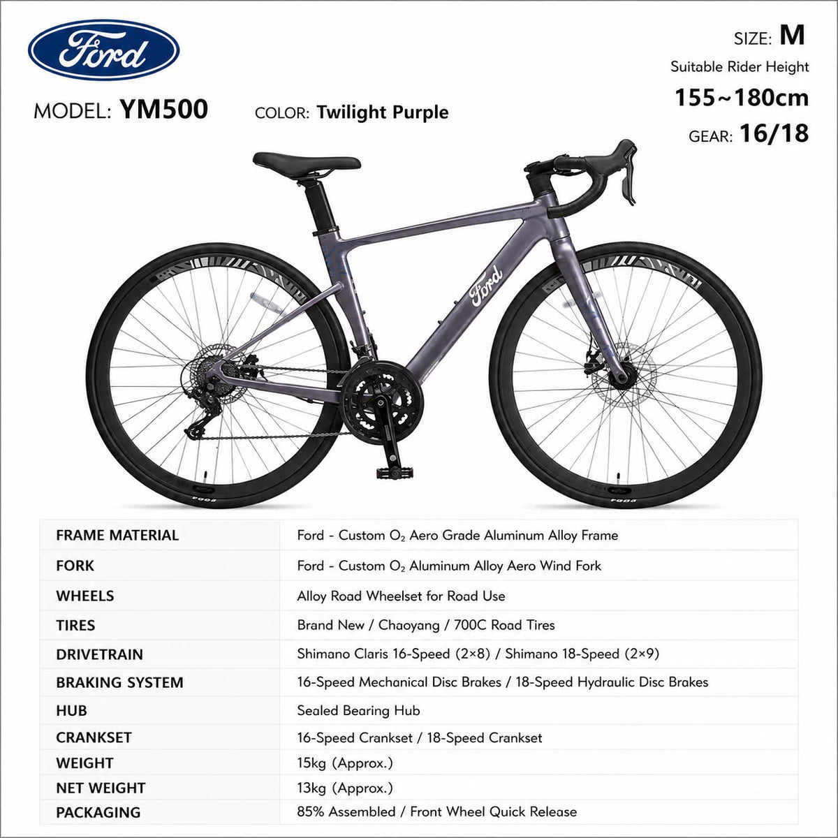 Ford YM500 Aero Road Bike Twilight Purple – Shimano Claris 16/18-Speed, 700C, Size M