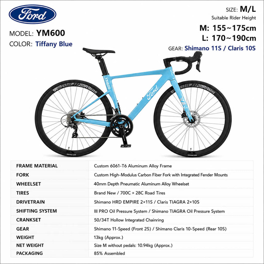Ford YM600 Pro Road Bike Tiffany Blue – Shimano Tiagra 10/11-Speed, Carbon Fork, Size M/L