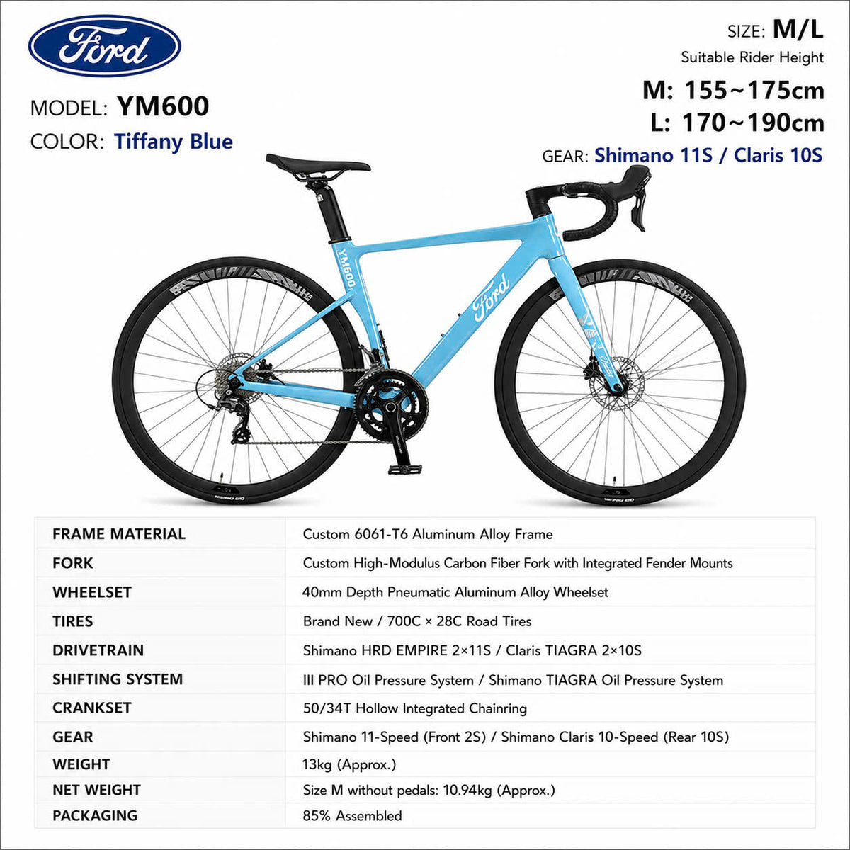 Ford YM600 Pro Road Bike Tiffany Blue – Shimano Tiagra 10/11-Speed, Carbon Fork, Size M/L