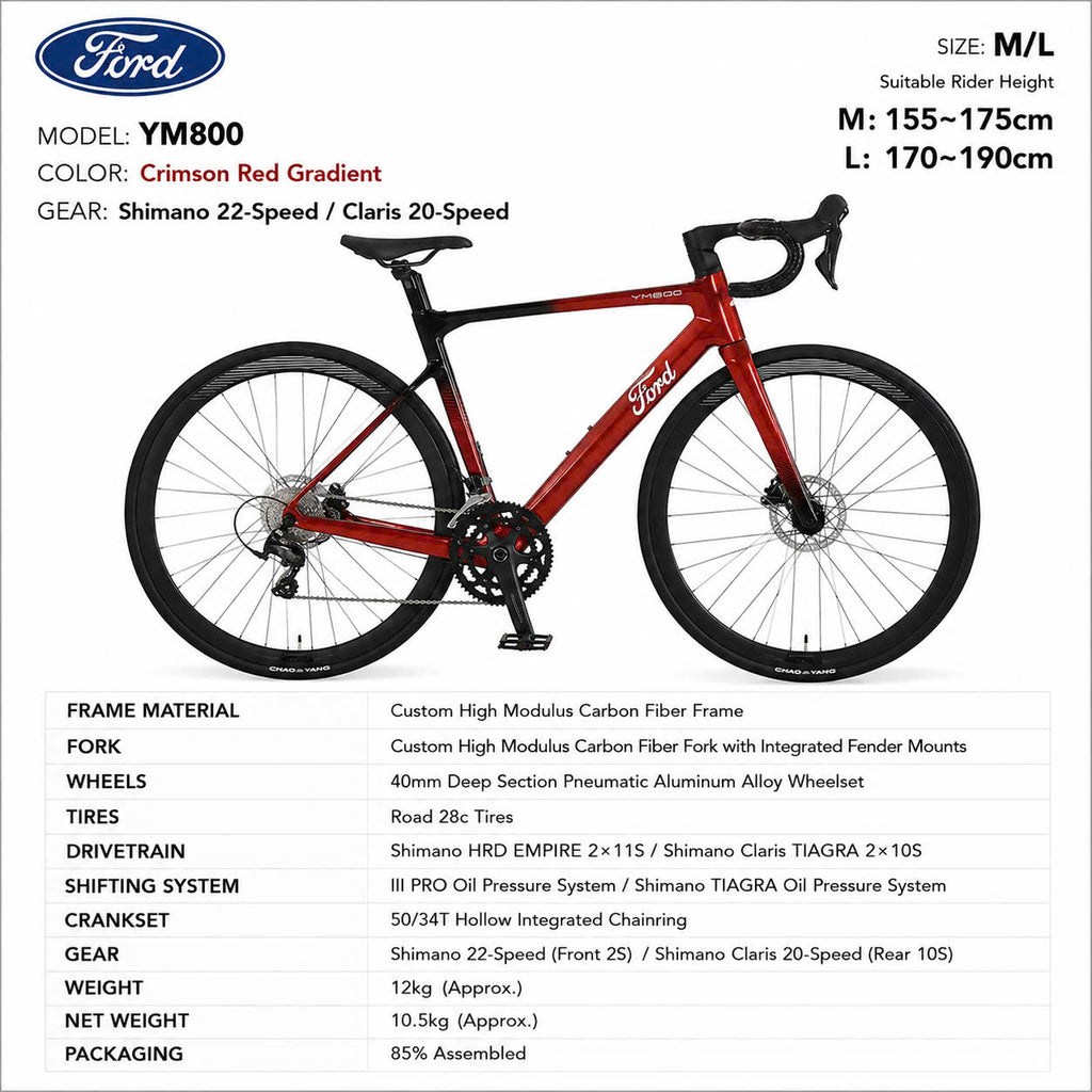 Ford YM800 Full Carbon Road Bike Crimson Red Gradient – Shimano 22-Speed, Size M/L