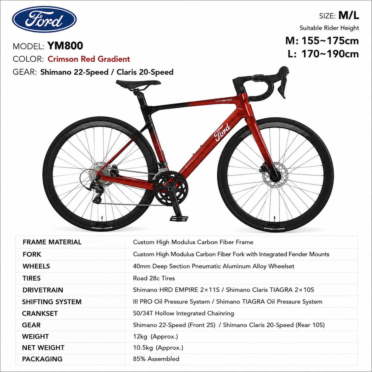 Ford YM800 Full Carbon Road Bike Crimson Red Gradient – Shimano 22-Speed, Size M/L