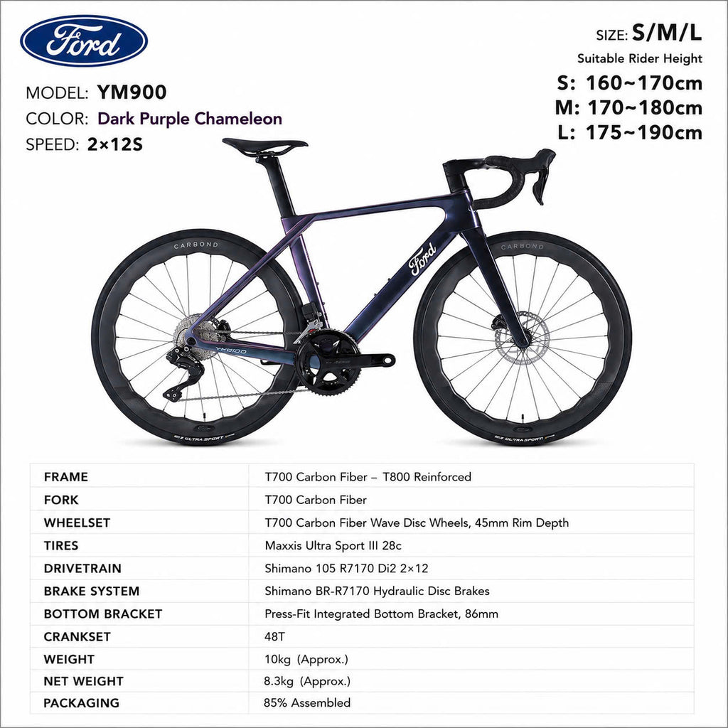 Ford YM900 Di2 Pro Carbon Road Bike Dark Purple Chameleon – Shimano 105 Di2, T700 Carbon, Size S/M/L