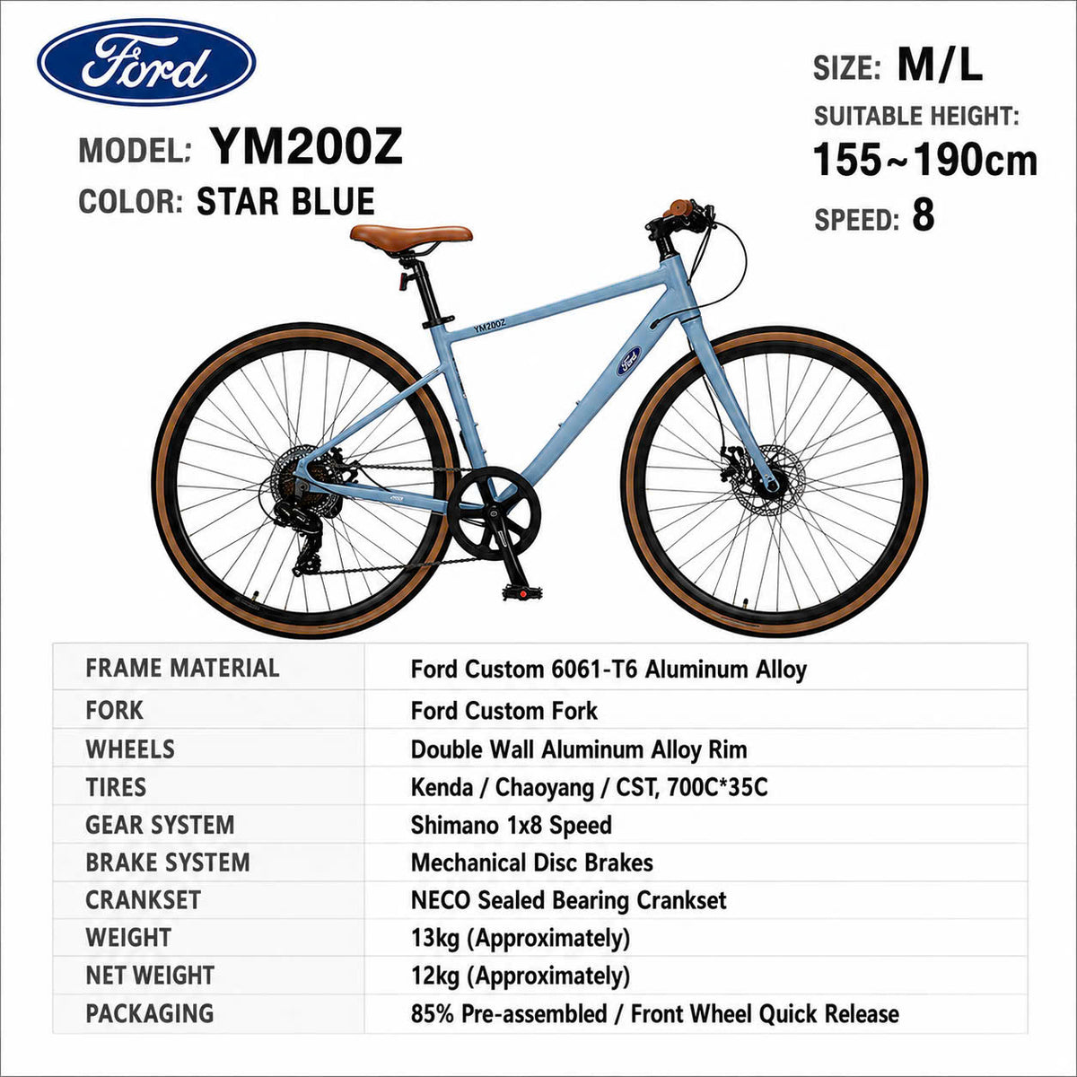 Ford YM200Z Urban Hybrid Bike Star Blue – Shimano 8-Speed, 700C, Size M/L
